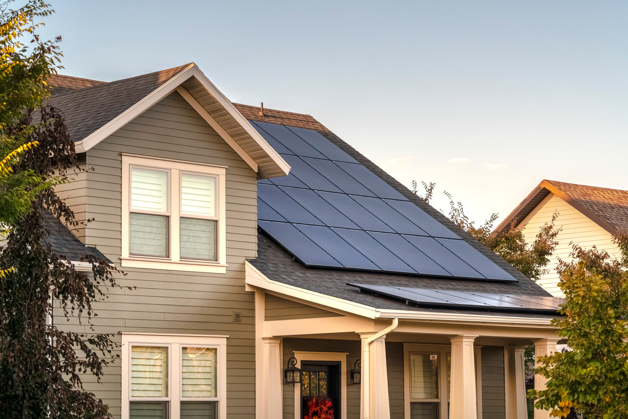 Solar photovoltaic panels on a house roof